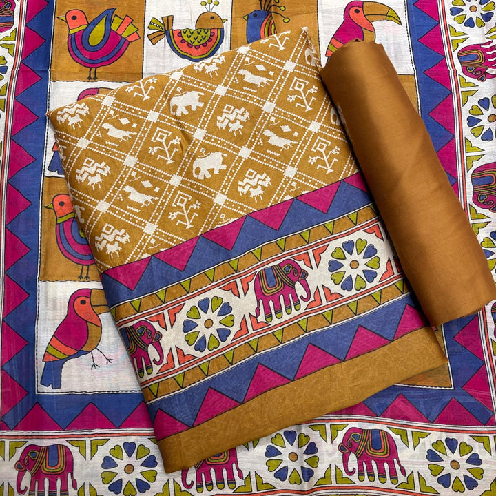 Elegant Maheshwari Cotton Printed Unstitched Suit Set - FM1204-01