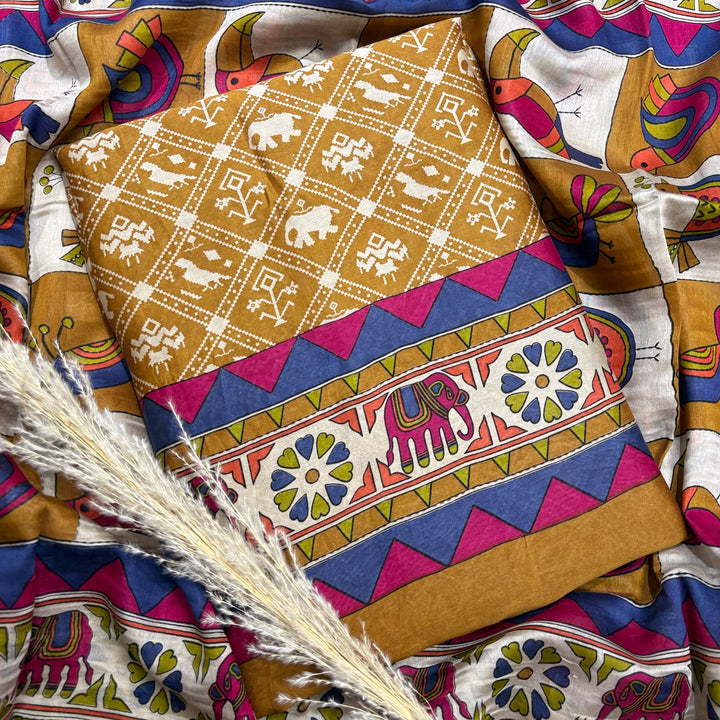 Elegant Maheshwari Cotton Printed Unstitched Suit Set - FM1204-01