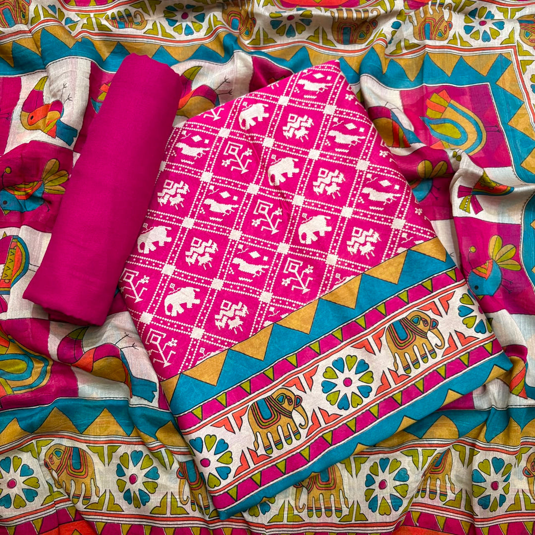 Elegant Maheshwari Cotton Printed Unstitched Suit Set - FM1204-02