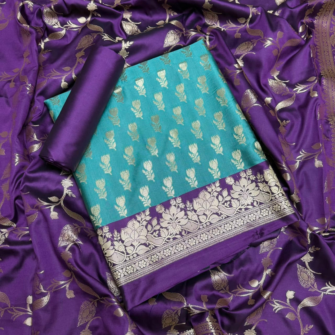 Premium Viscose Silk Banarasi Unstitched Suit Set Beautiful Zari Butti - GE5050-02
