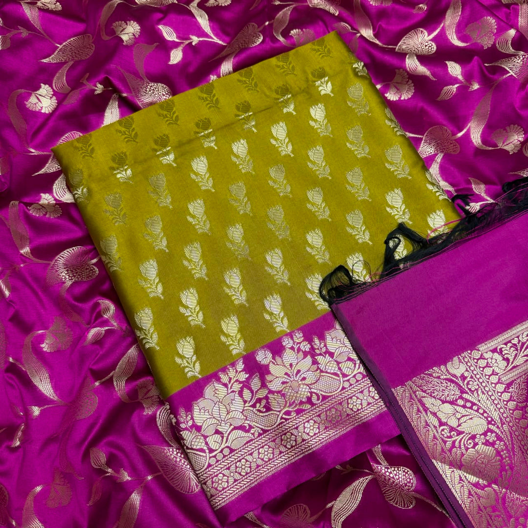 Premium Viscose Silk Banarasi Unstitched Suit Set Beautiful Zari Butti - GE5050-01