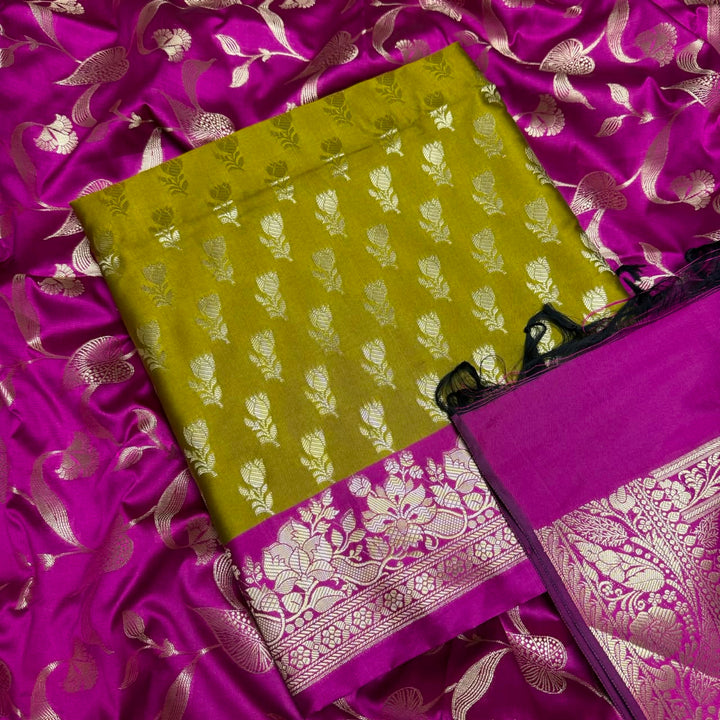 Premium Viscose Silk Banarasi Unstitched Suit Set Beautiful Zari Butti - GE5050-01