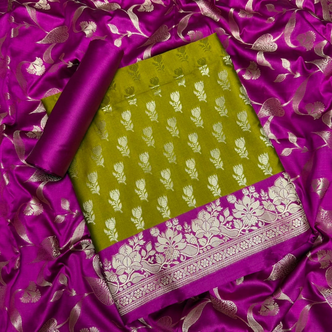 Premium Viscose Silk Banarasi Unstitched Suit Set Beautiful Zari Butti - GE5050-01