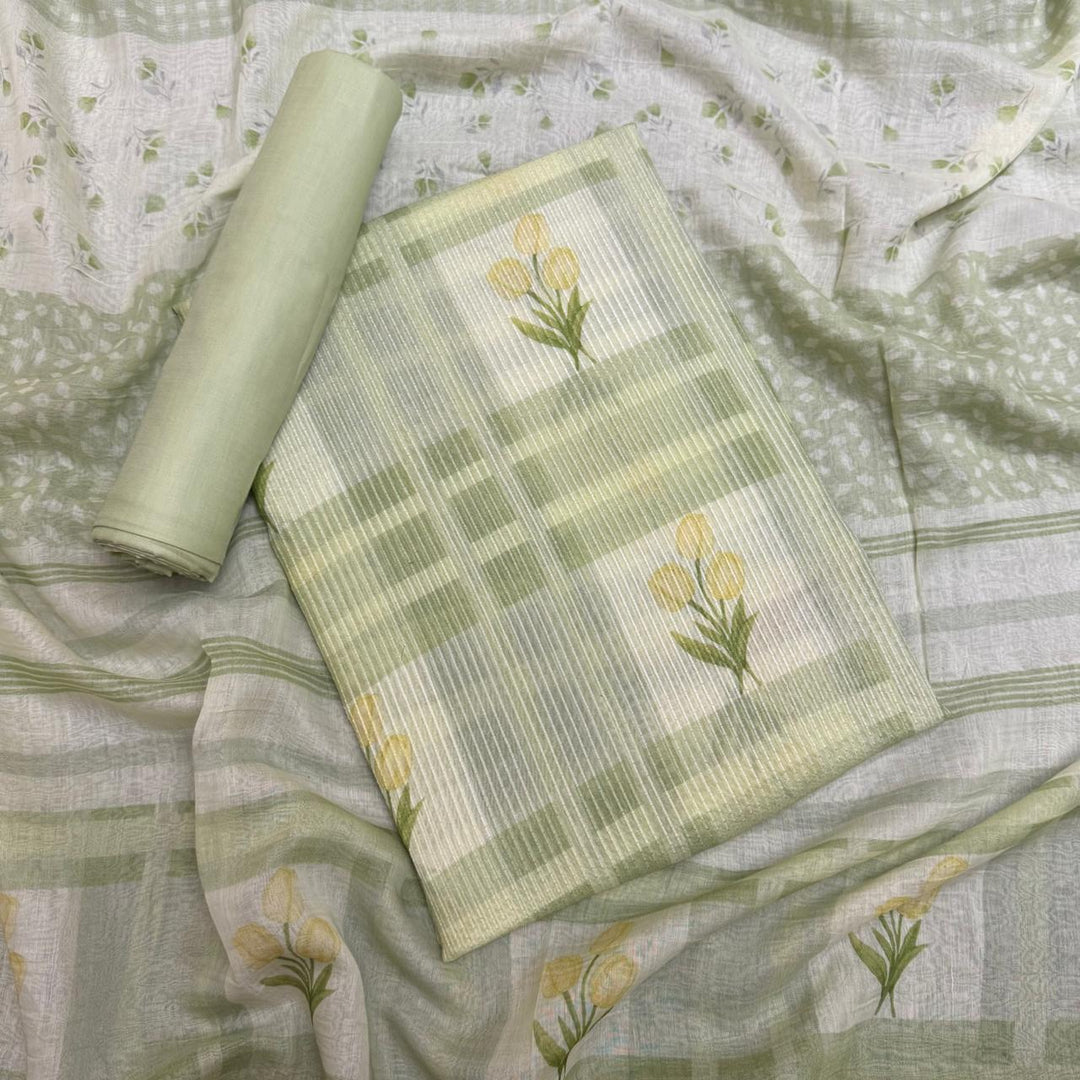 Premium Mal Chanderi Self Print & Floral Print Unstitched Suit Set-CW1381-01