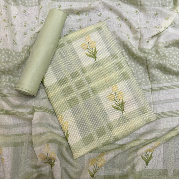 Premium Mal Chanderi Self Print & Floral Print Unstitched Suit Set-CW1381-01