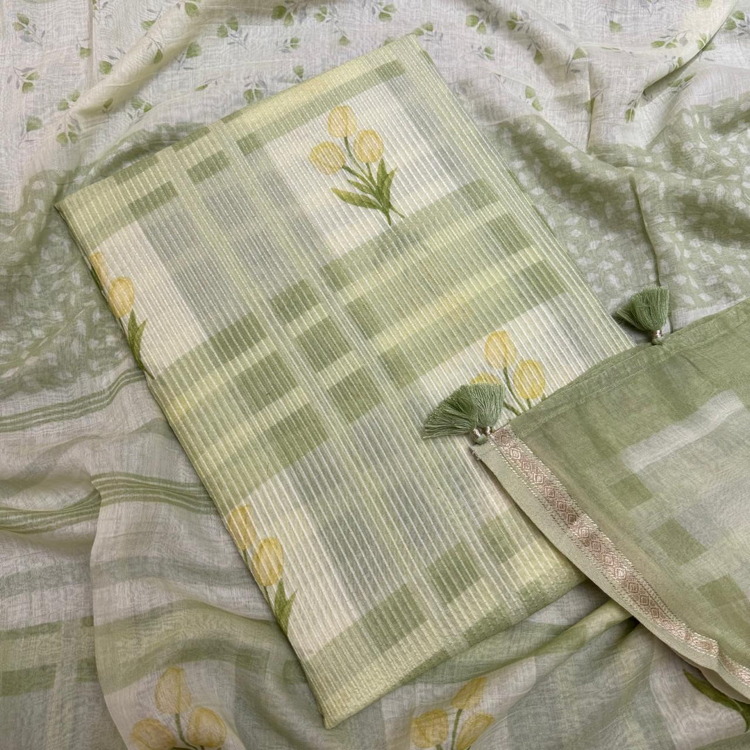 Premium Mal Chanderi Self Print & Floral Print Unstitched Suit Set-CW1381-01