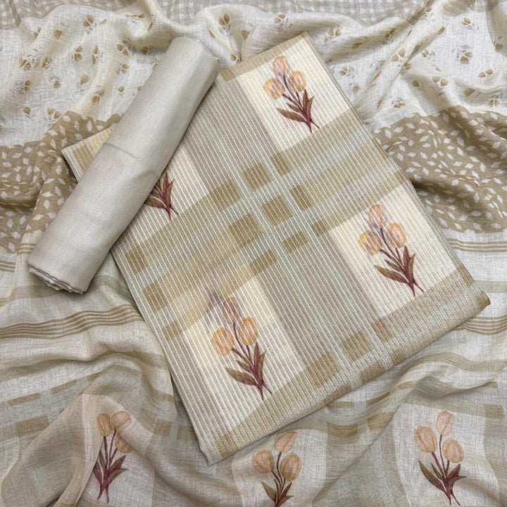 Premium Mal Chanderi Self Print & Floral Print Unstitched Suit Set-CW1381-02