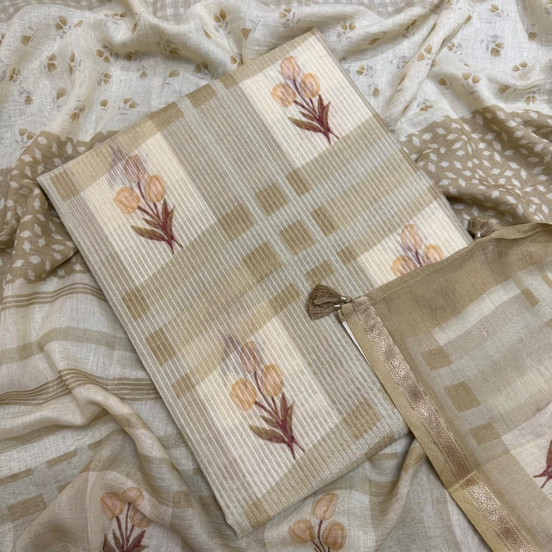 Premium Mal Chanderi Self Print & Floral Print Unstitched Suit Set-CW1381-02