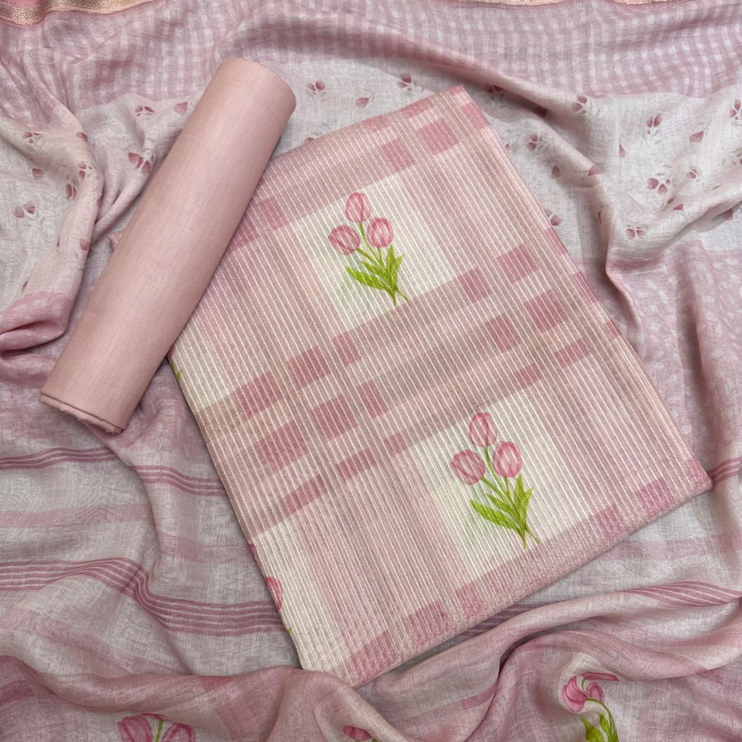 Premium Mal Chanderi Self Print & Floral Print Unstitched Suit Set-CW1381-03