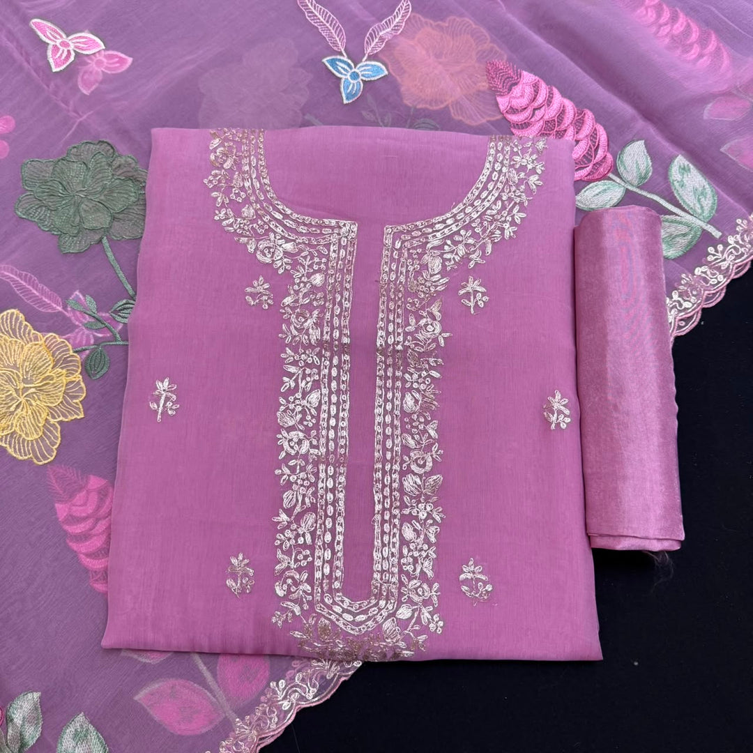 Organza Embroidered Unstitched Suit Set with Floral Zari Thread Work - RK5202-2