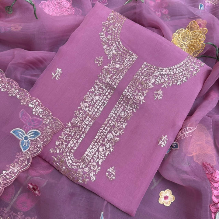 Organza Embroidered Unstitched Suit Set with Floral Zari Thread Work - RK5202-2