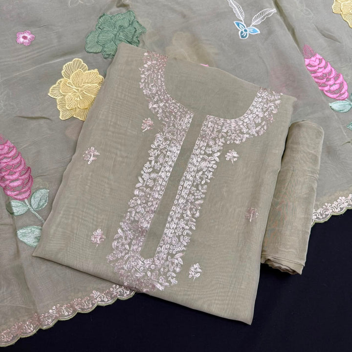 Organza Embroidered Unstitched Suit Set with Floral Zari Thread Work - RK5202-1
