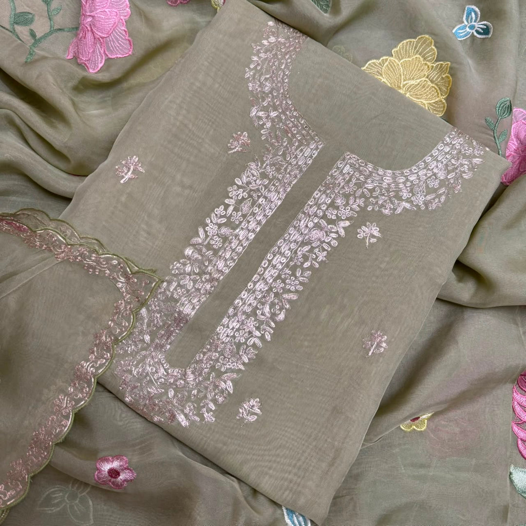 Organza Embroidered Unstitched Suit Set with Floral Zari Thread Work - RK5202-1