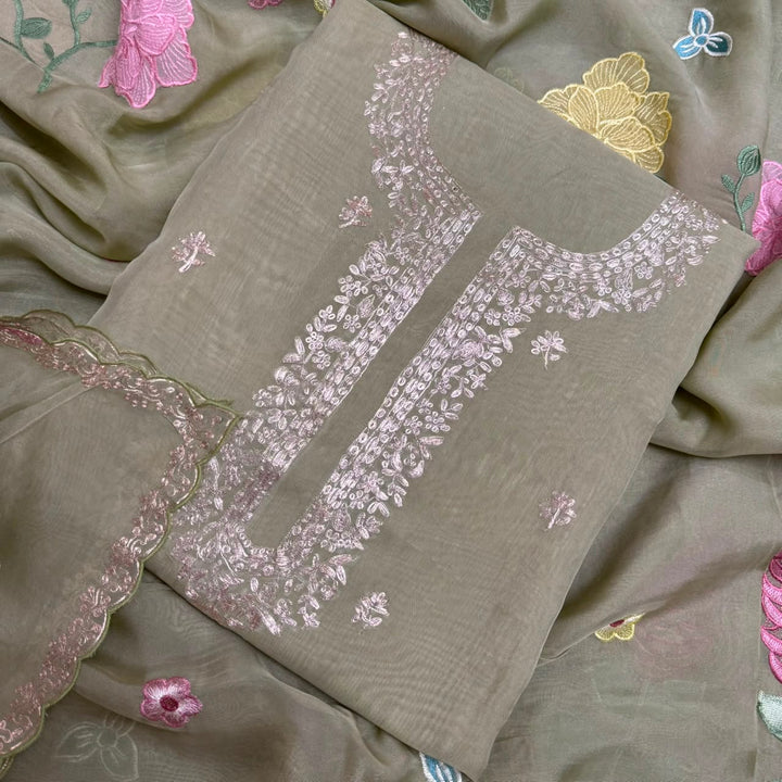 Organza Embroidered Unstitched Suit Set with Floral Zari Thread Work - RK5202-1