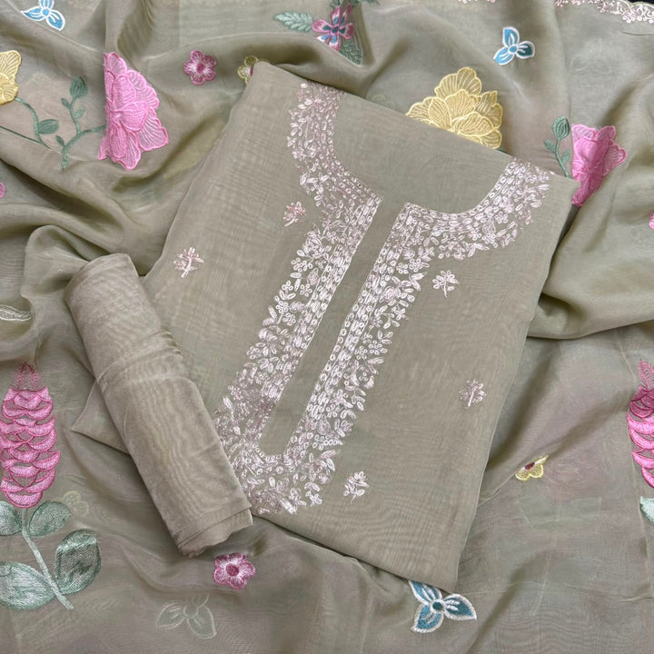 Organza Embroidered Unstitched Suit Set with Floral Zari Thread Work - RK5202-1