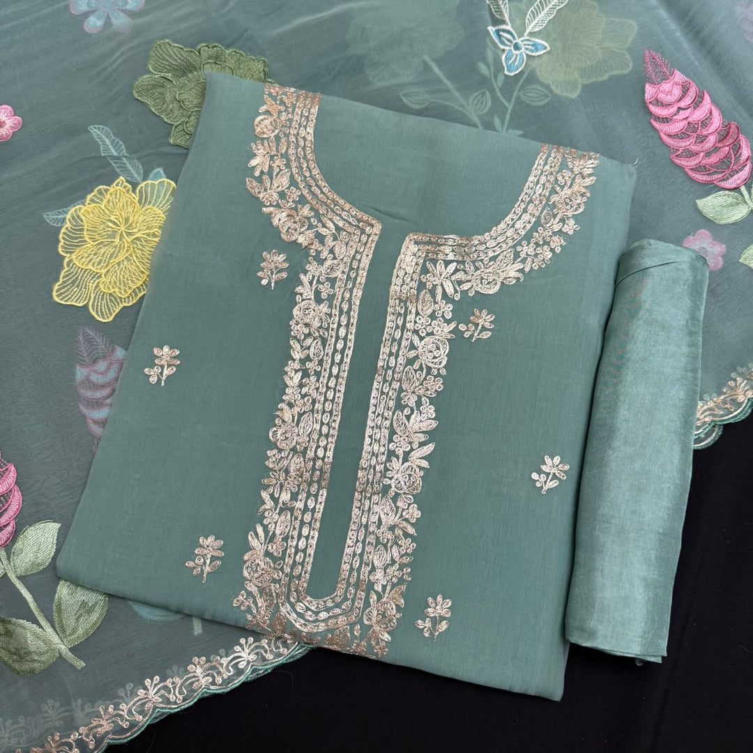 Organza Embroidered Unstitched Suit Set with Floral Zari Thread Work - RK5202-3