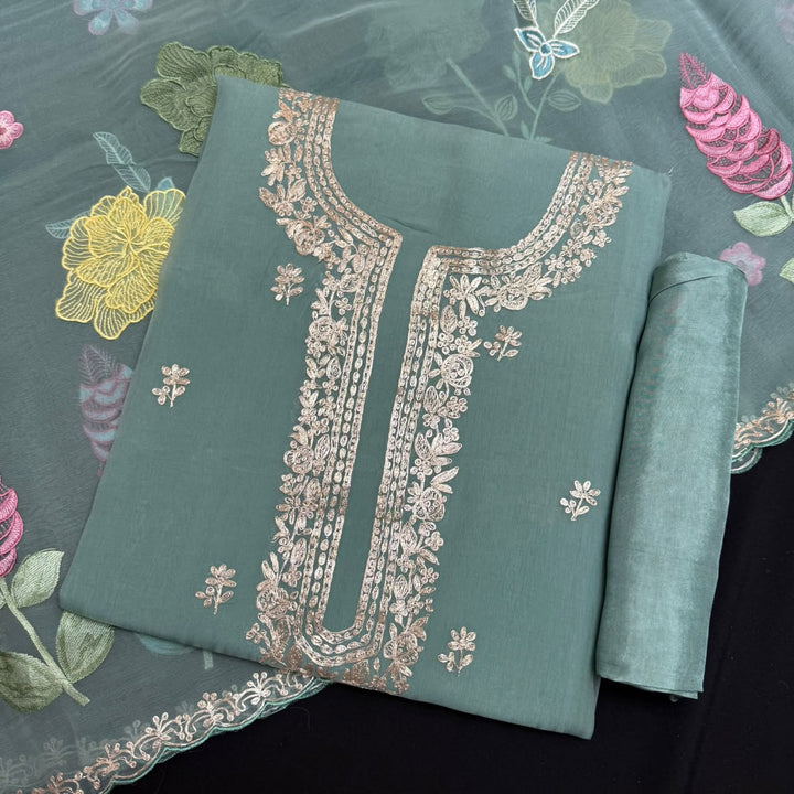 Organza Embroidered Unstitched Suit Set with Floral Zari Thread Work - RK5202-3