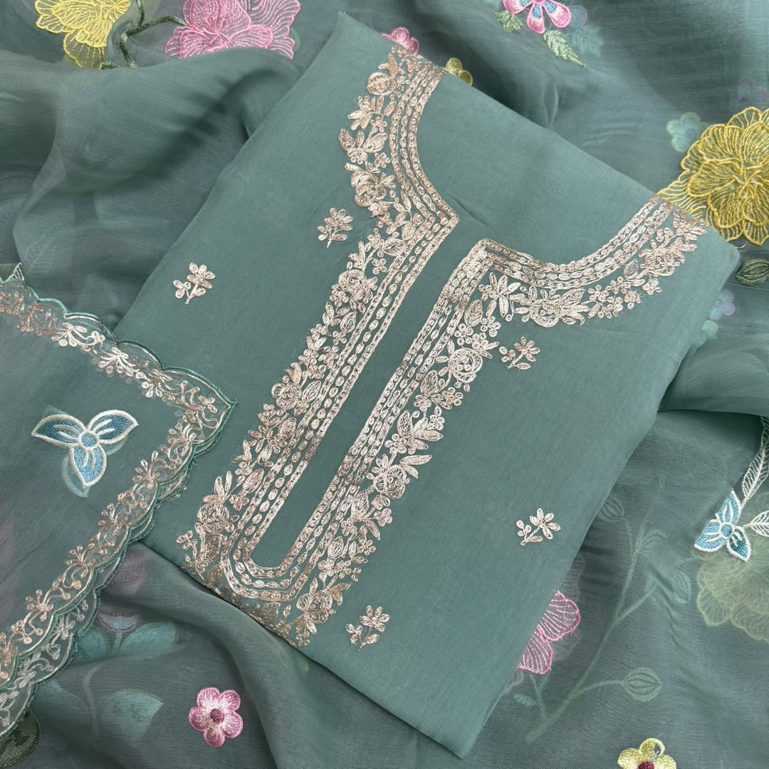 Organza Embroidered Unstitched Suit Set with Floral Zari Thread Work - RK5202-3
