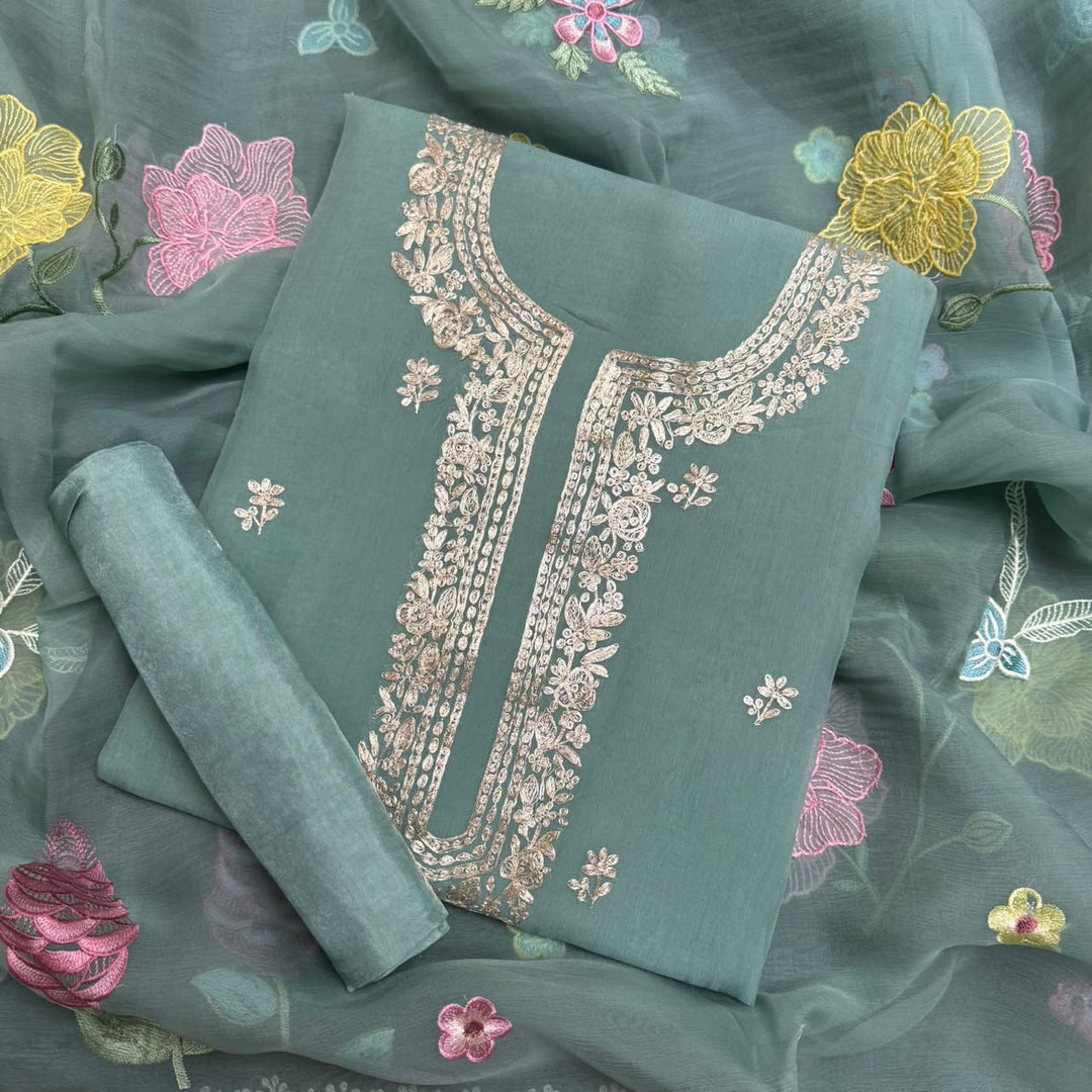 Organza Embroidered Unstitched Suit Set with Floral Zari Thread Work - RK5202-3