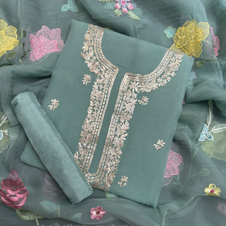 Organza Embroidered Unstitched Suit Set with Floral Zari Thread Work - RK5202-3