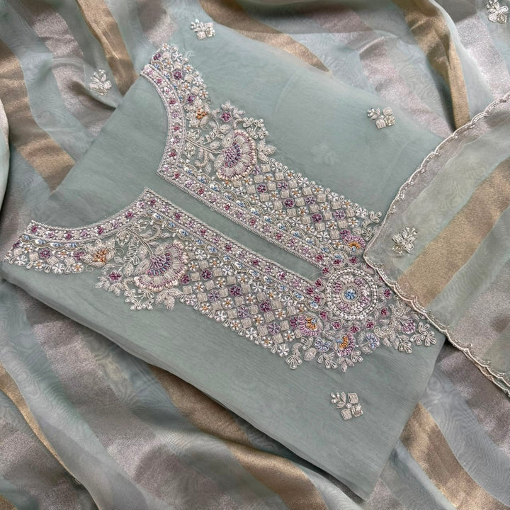 Luxury Dabka, Zardozi & Pearl Embroidered Designer Unstitched Organza Suit Set - RK5252-3