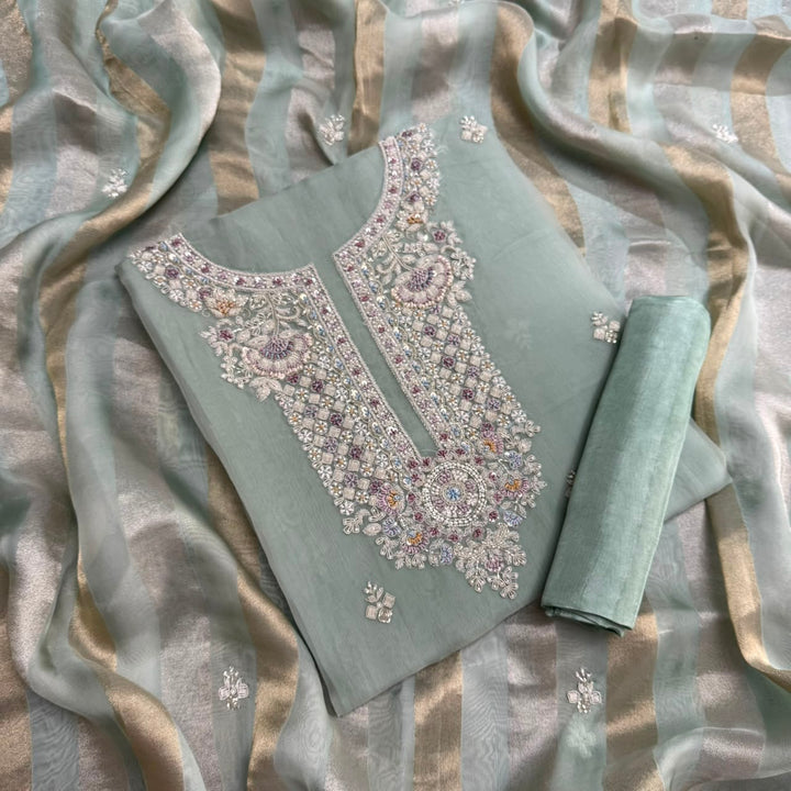 Luxury Dabka, Zardozi & Pearl Embroidered Designer Unstitched Organza Suit Set - RK5252-3