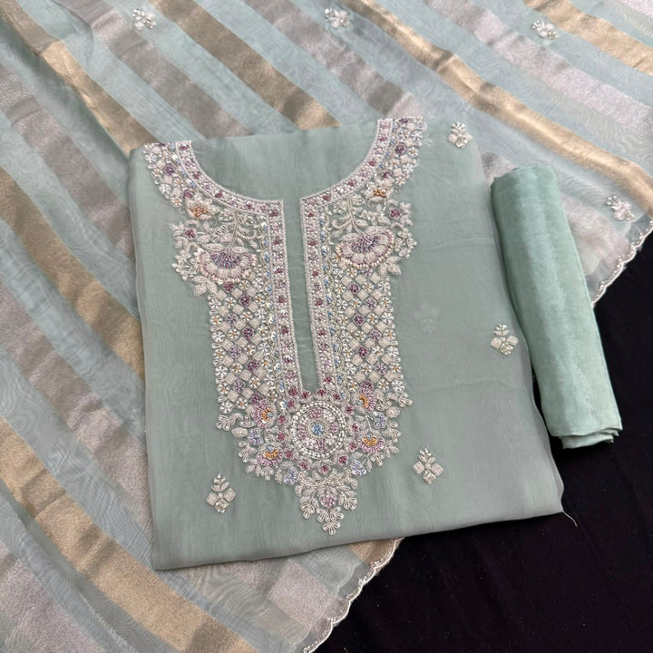Luxury Dabka, Zardozi & Pearl Embroidered Designer Unstitched Organza Suit Set - RK5252-3