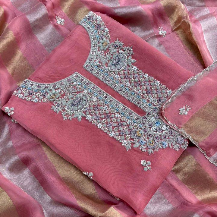 Luxury Dabka, Zardozi & Pearl Embroidered Designer Unstitched Organza Suit Set - RK5252-1