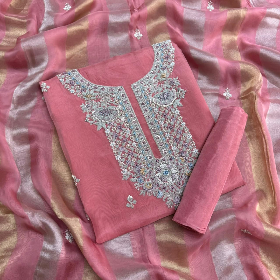 Luxury Dabka, Zardozi & Pearl Embroidered Designer Unstitched Organza Suit Set - RK5252-1