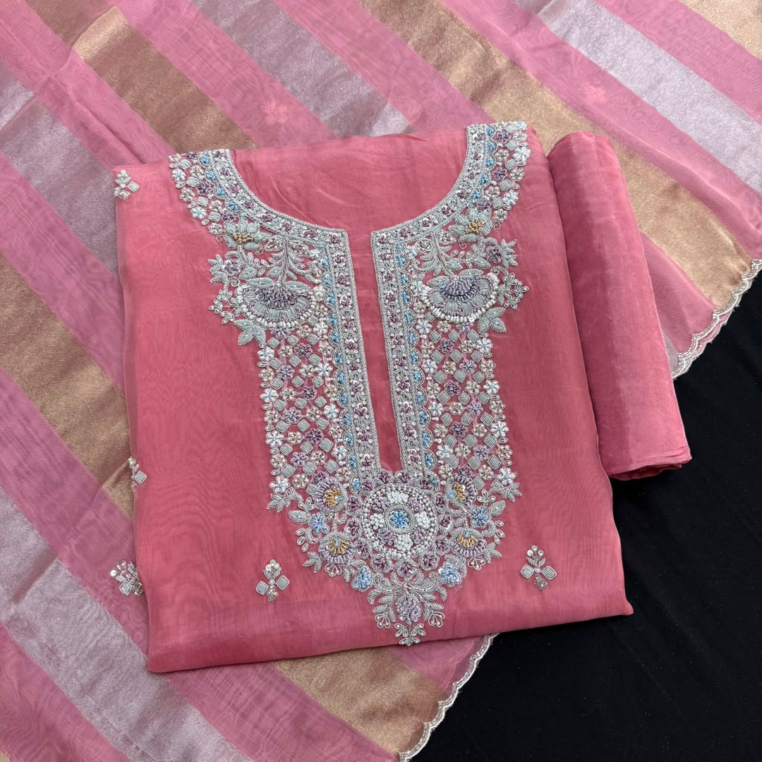 Luxury Dabka, Zardozi & Pearl Embroidered Designer Unstitched Organza Suit Set - RK5252-1