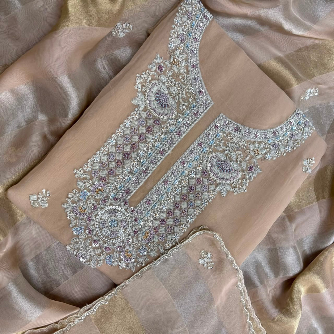 Luxury Dabka, Zardozi & Pearl Embroidered Designer Unstitched Organza Suit Set - RK5252-2