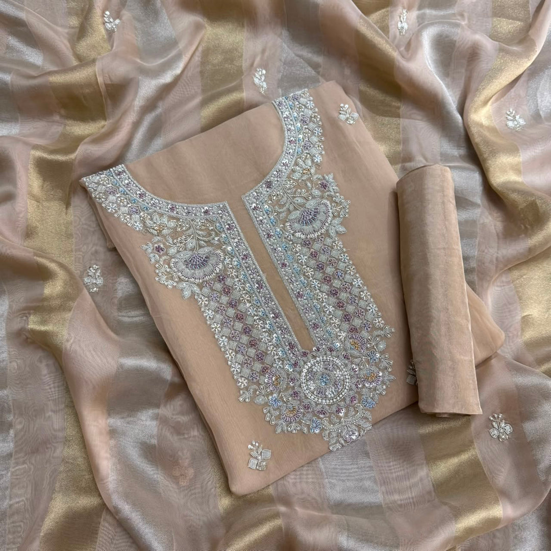 Luxury Dabka, Zardozi & Pearl Embroidered Designer Unstitched Organza Suit Set - RK5252-2