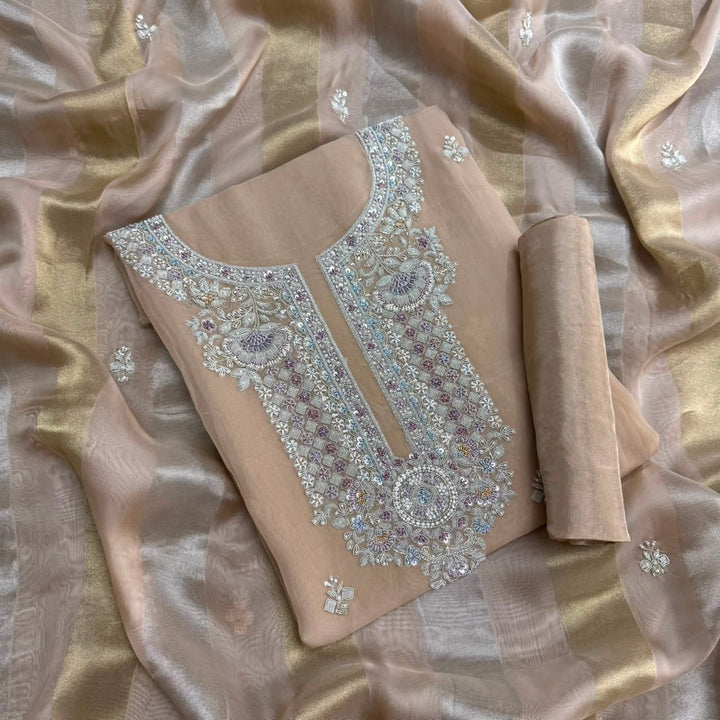 Luxury Dabka, Zardozi & Pearl Embroidered Designer Unstitched Organza Suit Set - RK5252-2