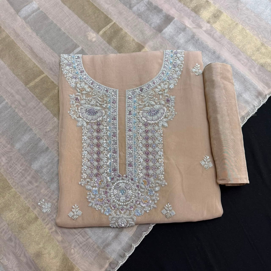 Luxury Dabka, Zardozi & Pearl Embroidered Designer Unstitched Organza Suit Set - RK5252-2