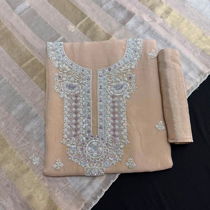Luxury Dabka, Zardozi & Pearl Embroidered Designer Unstitched Organza Suit Set - RK5252-2