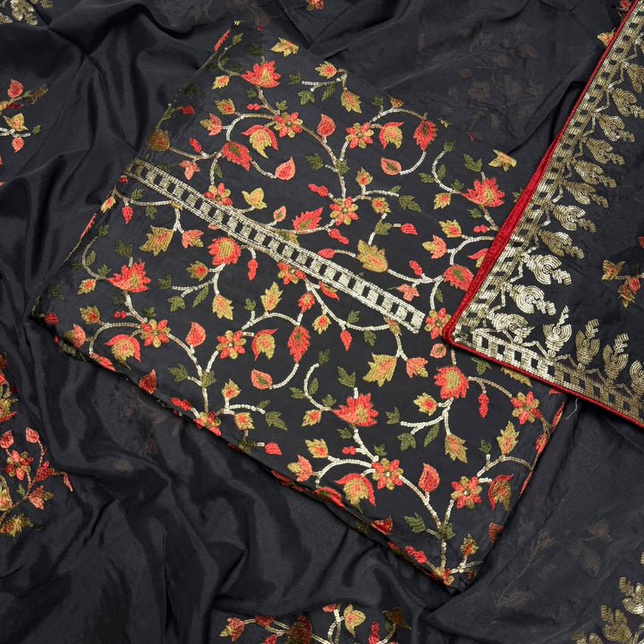 Upada Silk Sequins & Kani Embroidered Unstitched Designer Suit Set - SK0051-04