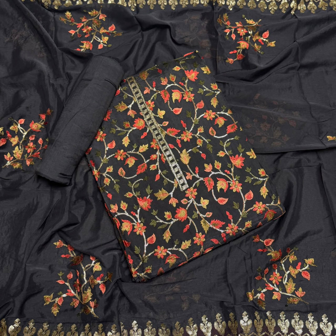 Upada Silk Sequins & Kani Embroidered Unstitched Designer Suit Set - SK0051-04