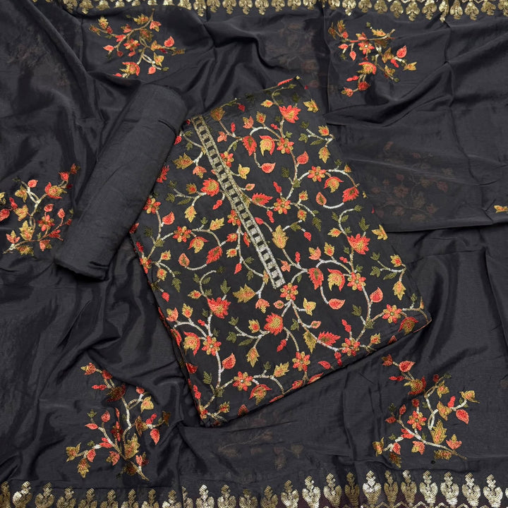 Upada Silk Sequins & Kani Embroidered Unstitched Designer Suit Set - SK0051-04