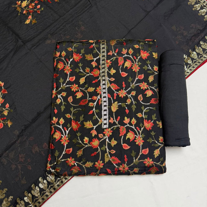 Upada Silk Sequins & Kani Embroidered Unstitched Designer Suit Set - SK0051-04