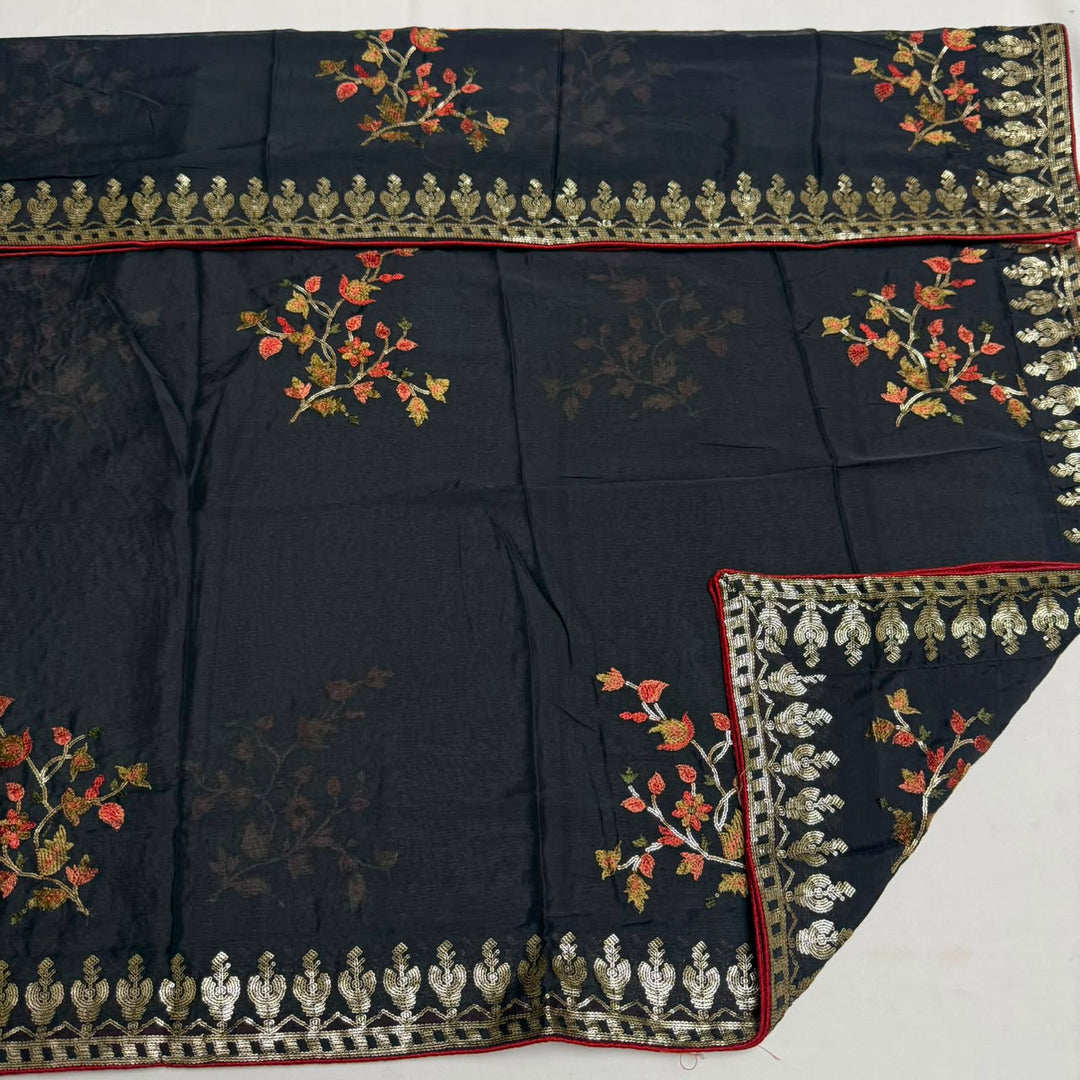 Upada Silk Sequins & Kani Embroidered Unstitched Designer Suit Set - SK0051-04