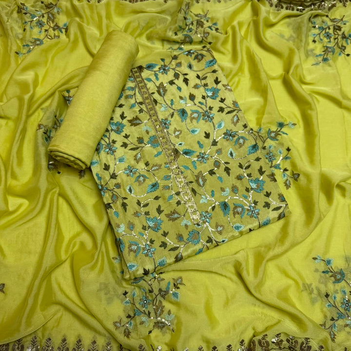 Upada Silk Sequins & Kani Embroidered Unstitched Designer Suit Set - SK0051-03