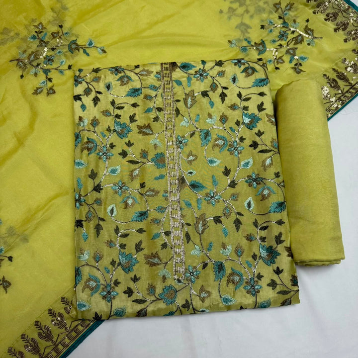 Upada Silk Sequins & Kani Embroidered Unstitched Designer Suit Set - SK0051-03