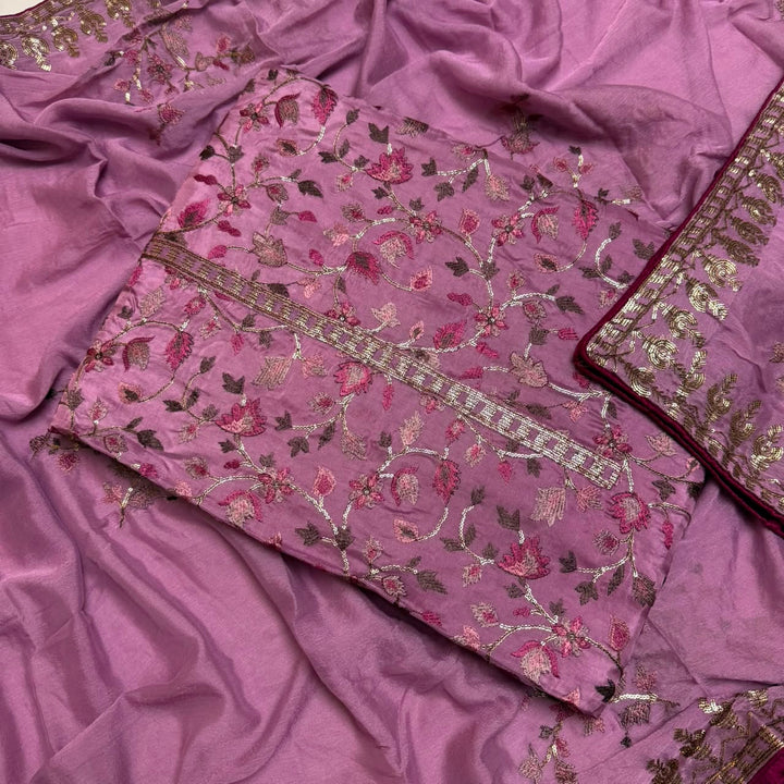 Upada Silk Sequins & Kani Embroidered Unstitched Designer Suit Set - SK0051-05