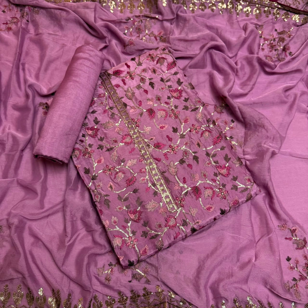 Upada Silk Sequins & Kani Embroidered Unstitched Designer Suit Set - SK0051-05