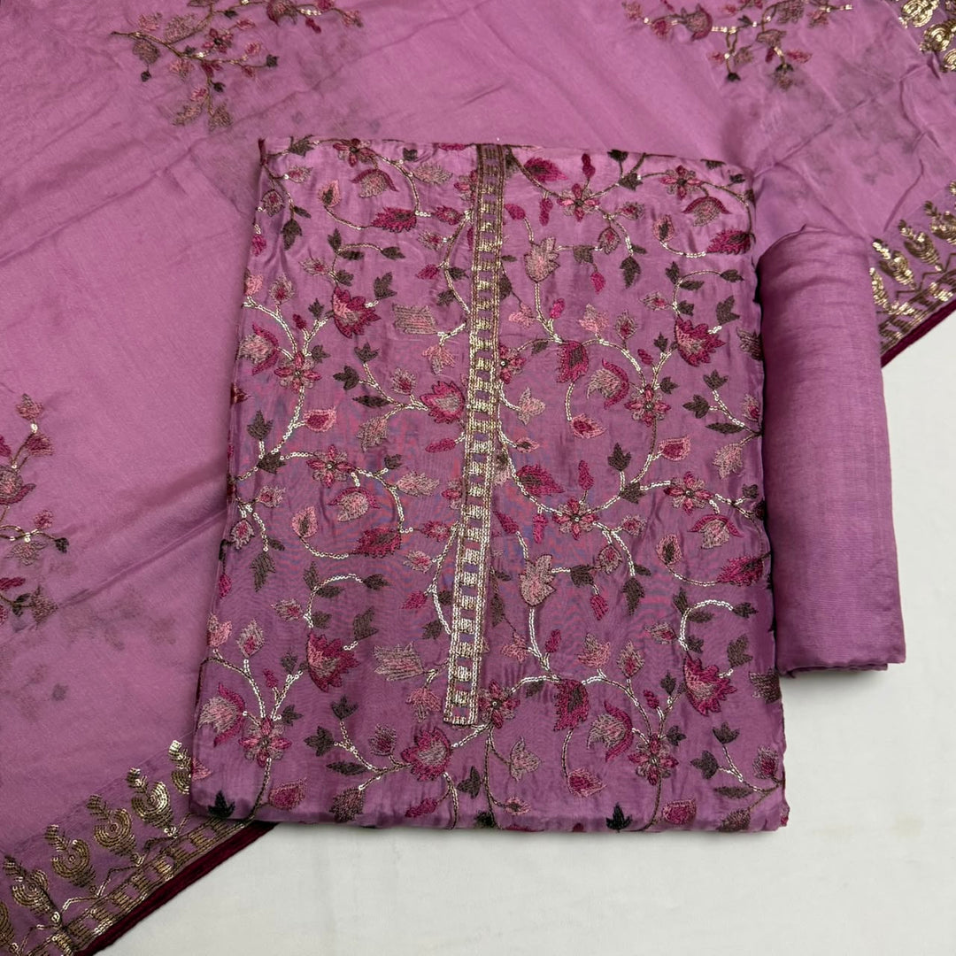 Upada Silk Sequins & Kani Embroidered Unstitched Designer Suit Set - SK0051-05