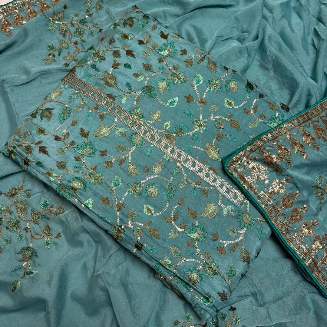 Upada Silk Sequins & Kani Embroidered Unstitched Designer Suit Set - SK0051-06