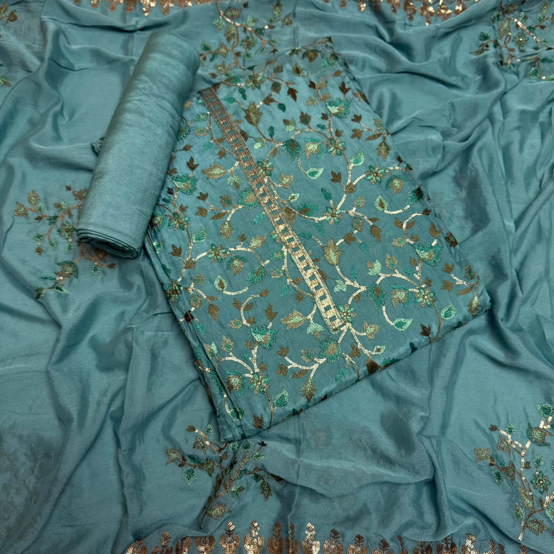 Upada Silk Sequins & Kani Embroidered Unstitched Designer Suit Set - SK0051-06