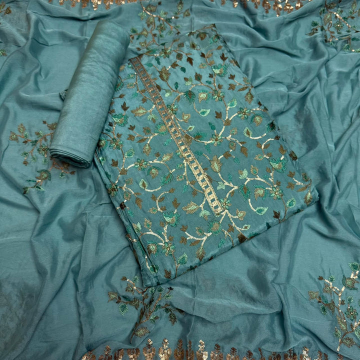 Upada Silk Sequins & Kani Embroidered Unstitched Designer Suit Set - SK0051-06