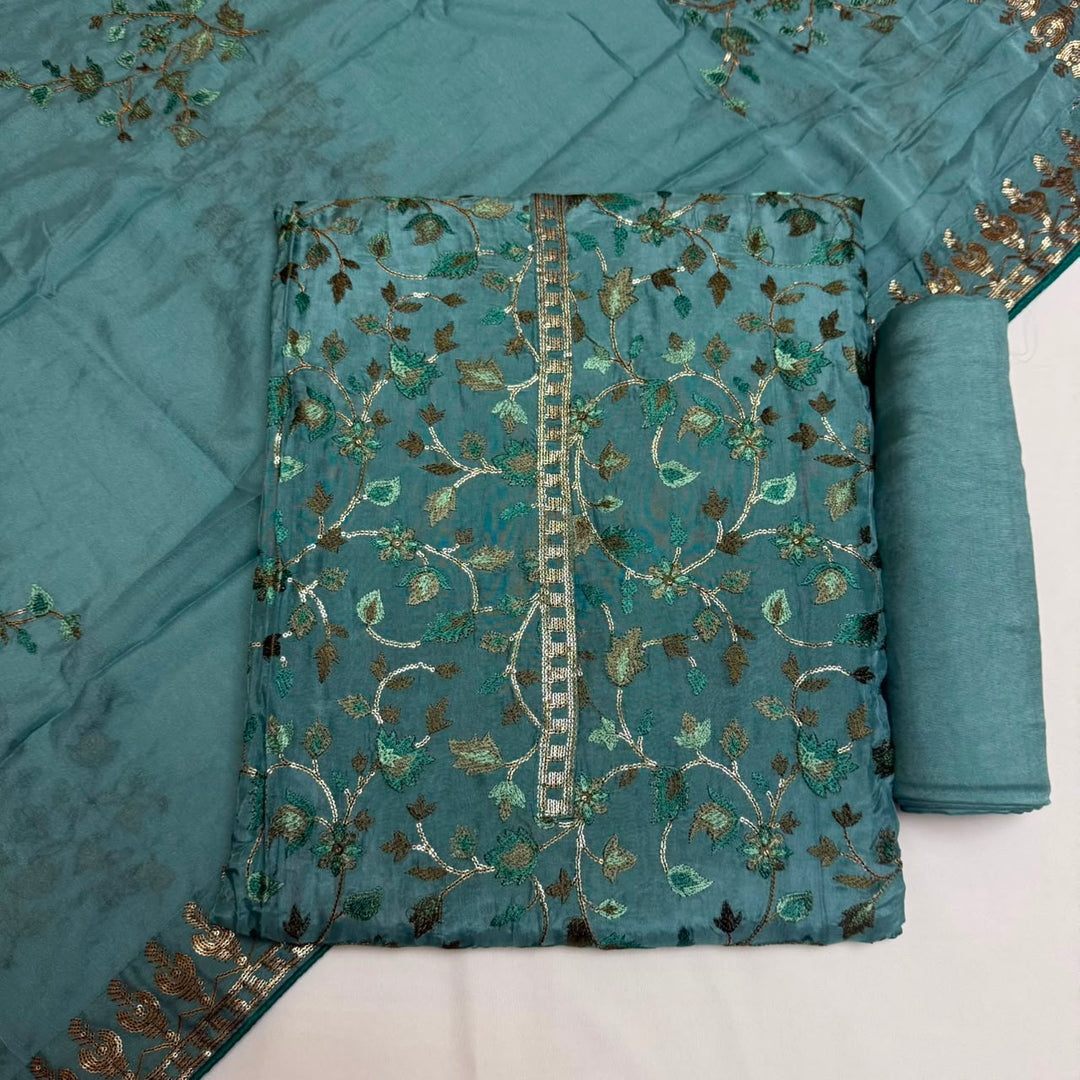 Upada Silk Sequins & Kani Embroidered Unstitched Designer Suit Set - SK0051-06