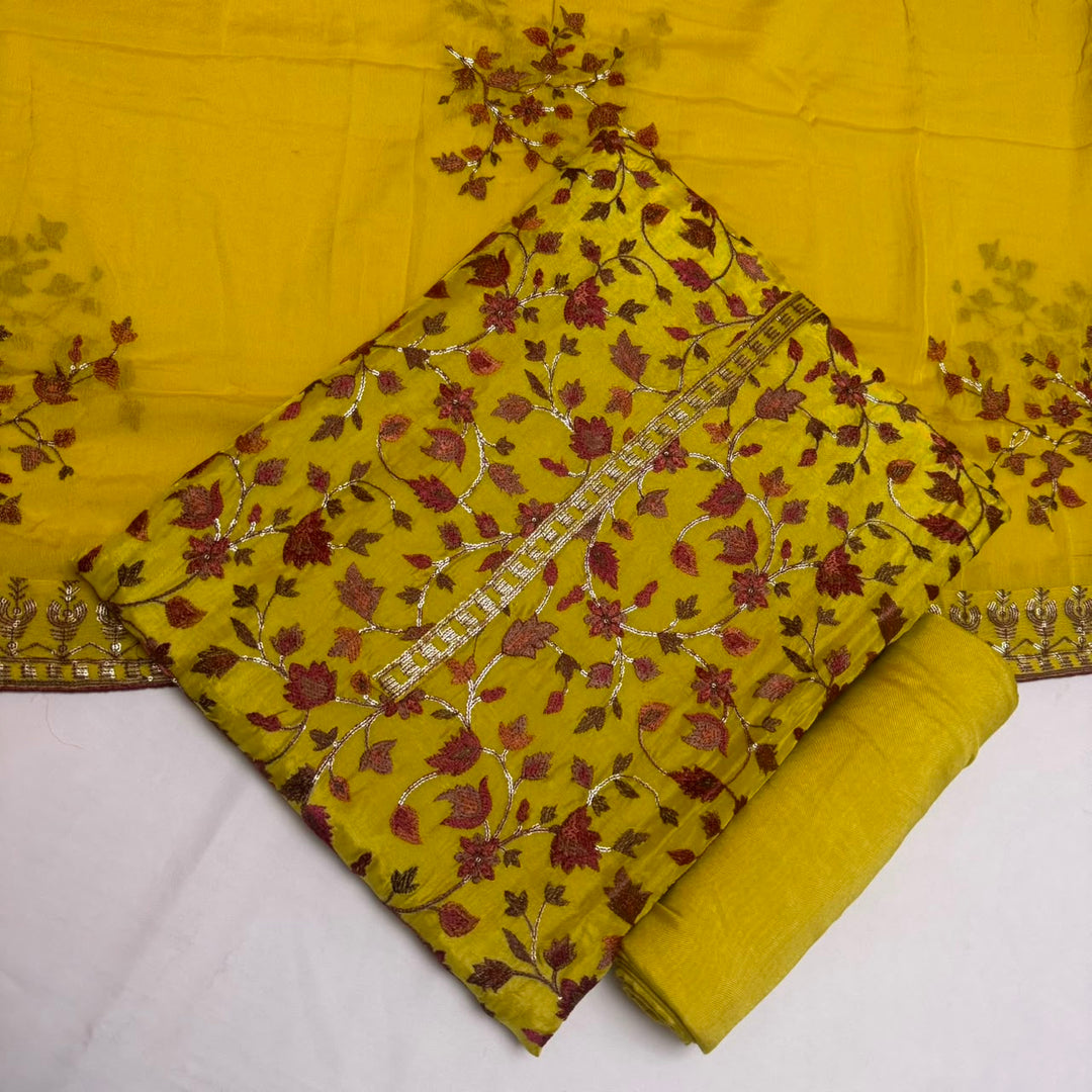 Upada Silk Sequins & Kani Embroidered Unstitched Designer Suit Set - SK0051-01
